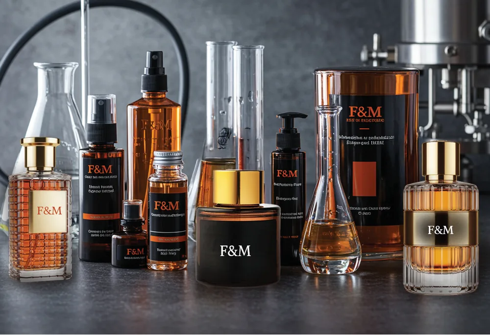A line-up of F&M perfume bottles, jars and droppers