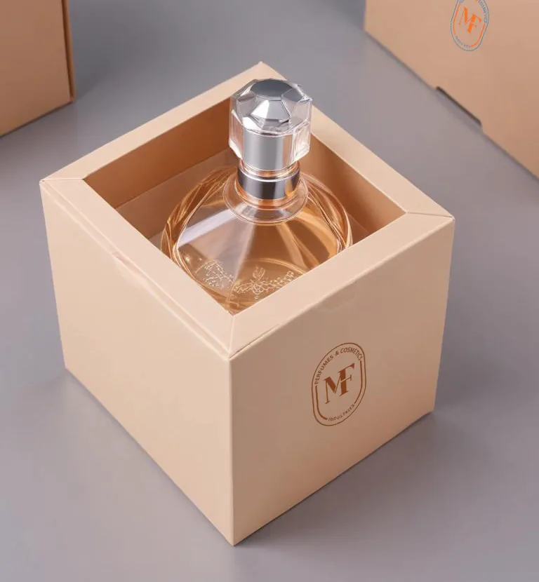 A perfume bottle presented in an F&M branded cream gift box