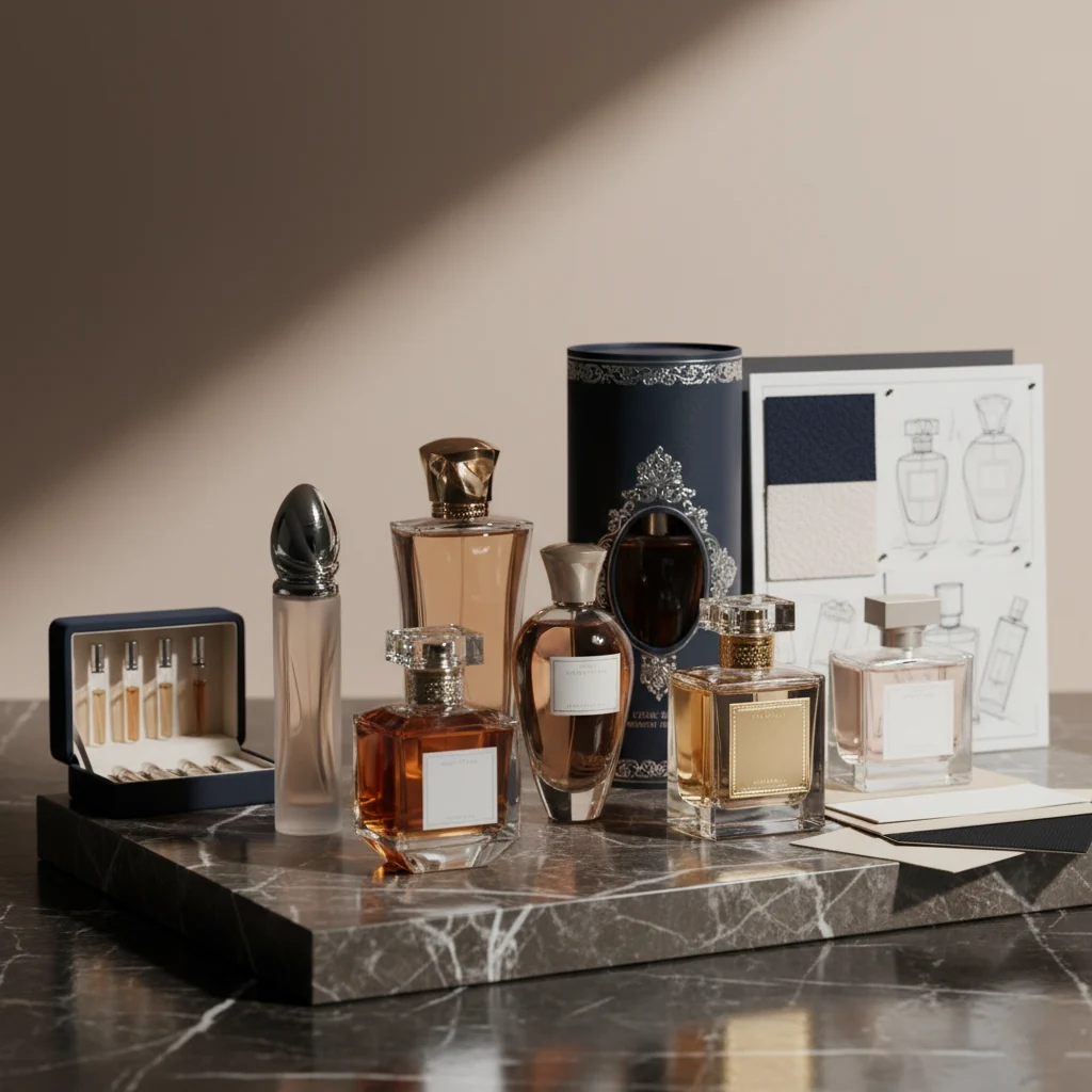 Luxury perfume bottles and gift packaging