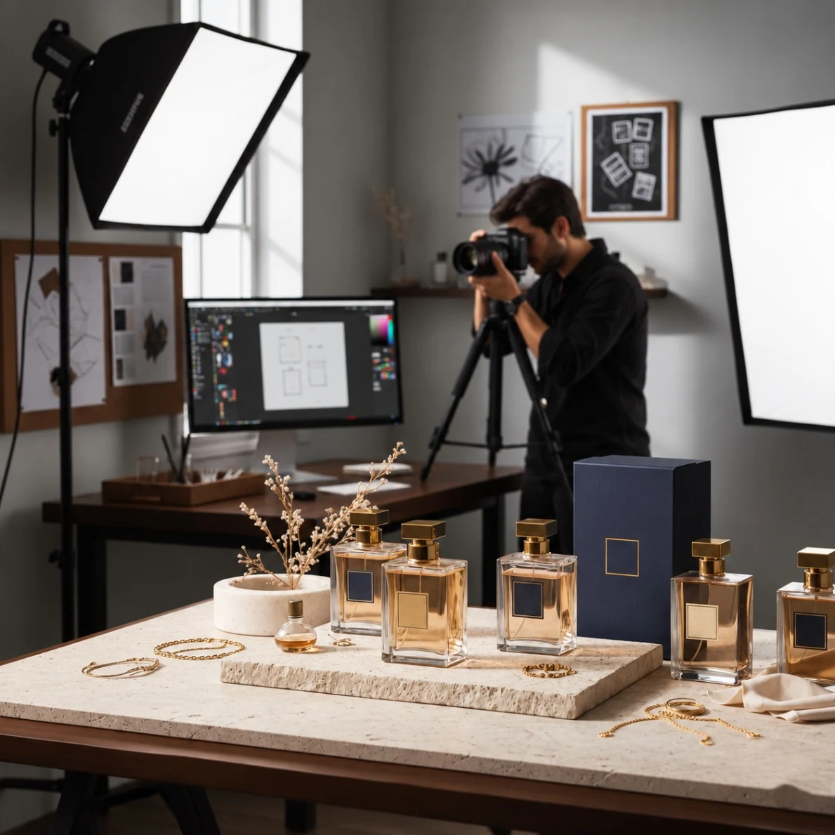 A photographer styling and photographing perfumes