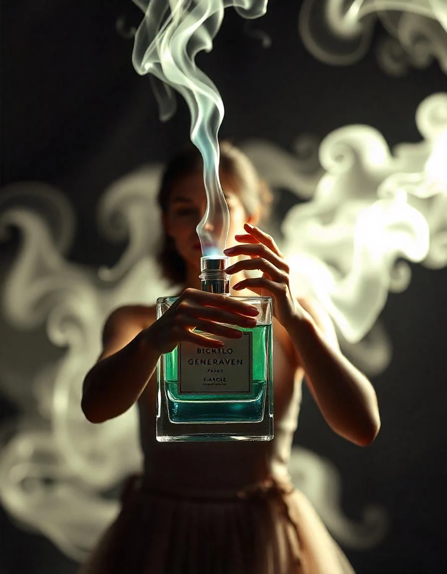 A woman holding a perfume bottle amid drifting fragrance mist
